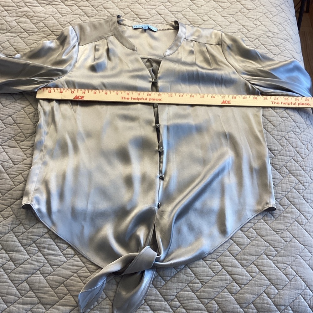 ANTONIO MELANI 100% Silk Shimmering Silver Tie Front Blouse Sz XS - Picture 10 of 12